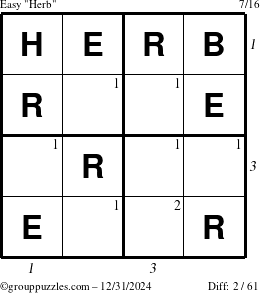 The grouppuzzles.com Easy Herb puzzle for Tuesday December 31, 2024 with all 2 steps marked