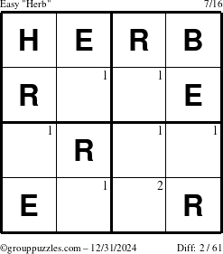 The grouppuzzles.com Easy Herb puzzle for Tuesday December 31, 2024 with the first 2 steps marked