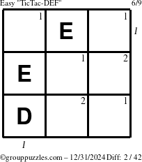 The grouppuzzles.com Easy TicTac-DEF puzzle for Tuesday December 31, 2024 with all 2 steps marked