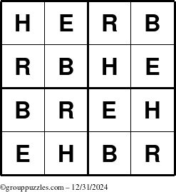 The grouppuzzles.com Answer grid for the Herb puzzle for Tuesday December 31, 2024