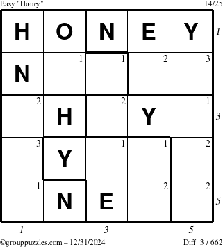 The grouppuzzles.com Easy Honey puzzle for Tuesday December 31, 2024 with all 3 steps marked