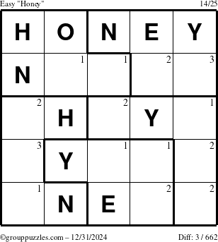 The grouppuzzles.com Easy Honey puzzle for Tuesday December 31, 2024 with the first 3 steps marked