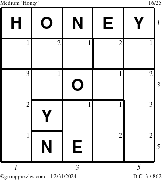 The grouppuzzles.com Medium Honey puzzle for Tuesday December 31, 2024 with all 3 steps marked