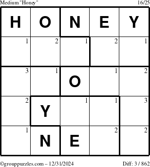 The grouppuzzles.com Medium Honey puzzle for Tuesday December 31, 2024 with the first 3 steps marked