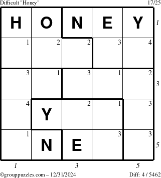 The grouppuzzles.com Difficult Honey puzzle for Tuesday December 31, 2024 with all 4 steps marked