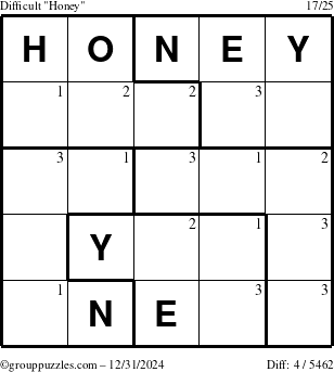 The grouppuzzles.com Difficult Honey puzzle for Tuesday December 31, 2024 with the first 3 steps marked