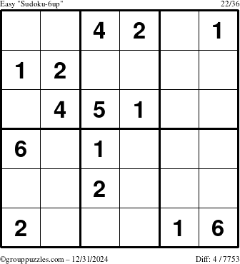 The grouppuzzles.com Easy Sudoku-6up puzzle for Tuesday December 31, 2024