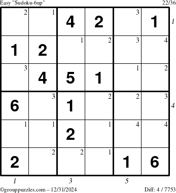 The grouppuzzles.com Easy Sudoku-6up puzzle for Tuesday December 31, 2024 with all 4 steps marked