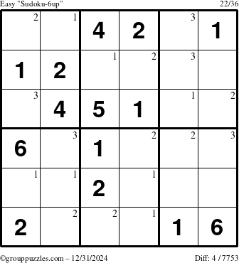 The grouppuzzles.com Easy Sudoku-6up puzzle for Tuesday December 31, 2024 with the first 3 steps marked