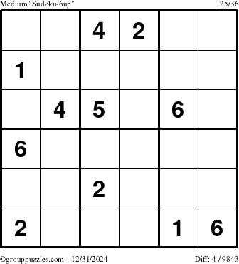 The grouppuzzles.com Medium Sudoku-6up puzzle for Tuesday December 31, 2024