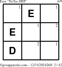 The grouppuzzles.com Easy TicTac-DEF puzzle for Tuesday December 31, 2024 with the first 2 steps marked