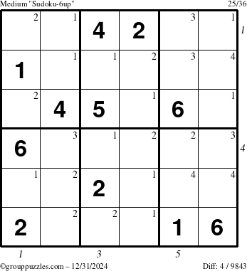 The grouppuzzles.com Medium Sudoku-6up puzzle for Tuesday December 31, 2024, suitable for printing, with all 4 steps marked