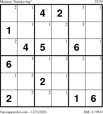 The grouppuzzles.com Medium Sudoku-6up puzzle for Tuesday December 31, 2024 with the first 3 steps marked