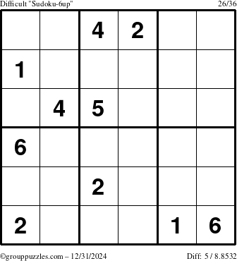 The grouppuzzles.com Difficult Sudoku-6up puzzle for Tuesday December 31, 2024