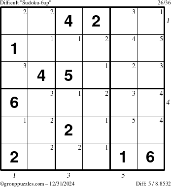 The grouppuzzles.com Difficult Sudoku-6up puzzle for Tuesday December 31, 2024 with all 5 steps marked