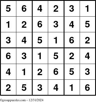 The grouppuzzles.com Answer grid for the Sudoku-6up puzzle for Tuesday December 31, 2024