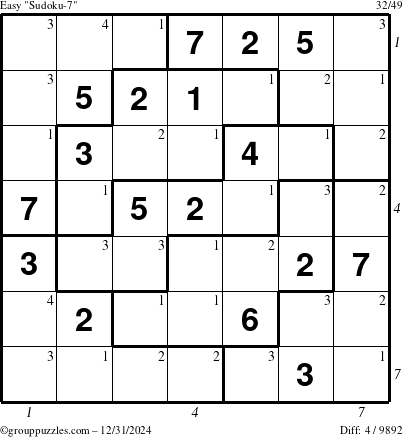 The grouppuzzles.com Easy Sudoku-7 puzzle for Tuesday December 31, 2024 with all 4 steps marked