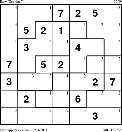 The grouppuzzles.com Easy Sudoku-7 puzzle for Tuesday December 31, 2024 with the first 3 steps marked