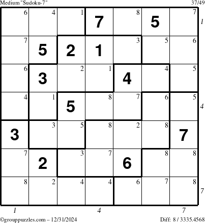 The grouppuzzles.com Medium Sudoku-7 puzzle for Tuesday December 31, 2024 with all 8 steps marked