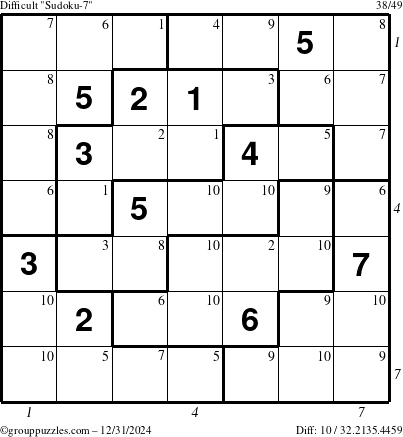 The grouppuzzles.com Difficult Sudoku-7 puzzle for Tuesday December 31, 2024 with all 10 steps marked