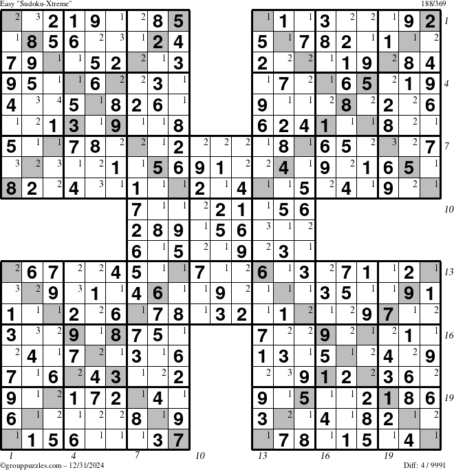 The grouppuzzles.com Easy Sudoku-Xtreme puzzle for Tuesday December 31, 2024, suitable for printing, with all 4 steps marked