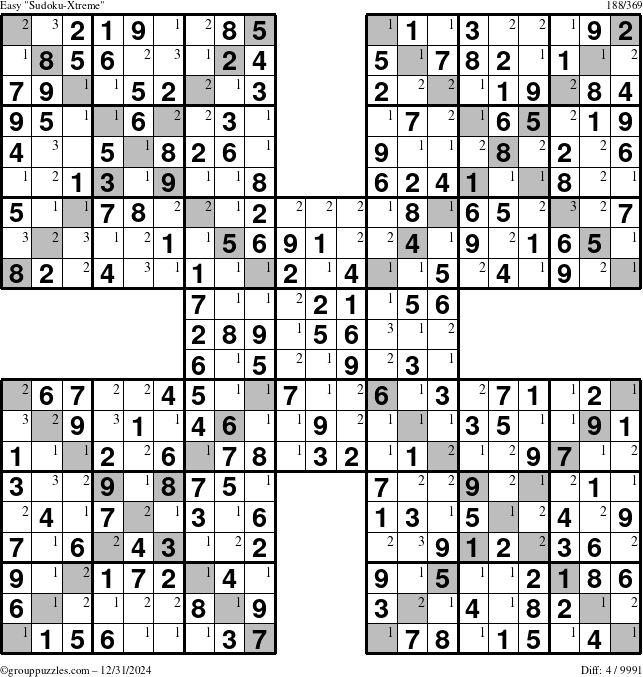 The grouppuzzles.com Easy Sudoku-Xtreme puzzle for Tuesday December 31, 2024 with the first 3 steps marked