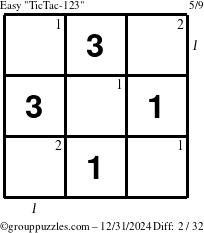 The grouppuzzles.com Easy TicTac-123 puzzle for Tuesday December 31, 2024 with all 2 steps marked