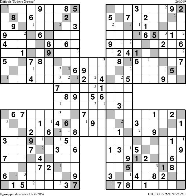 The grouppuzzles.com Difficult Sudoku-Xtreme puzzle for Tuesday December 31, 2024 with the first 3 steps marked