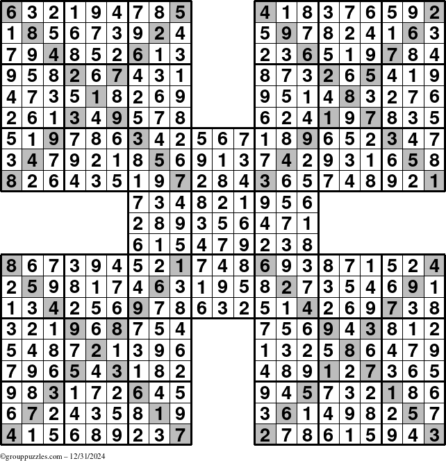 The grouppuzzles.com Answer grid for the Sudoku-Xtreme puzzle for Tuesday December 31, 2024