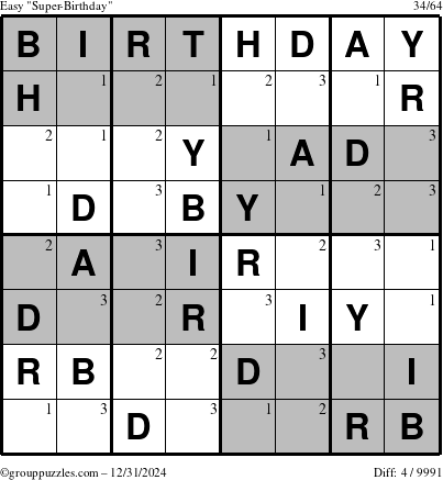 The grouppuzzles.com Easy Super-Birthday puzzle for Tuesday December 31, 2024 with the first 3 steps marked