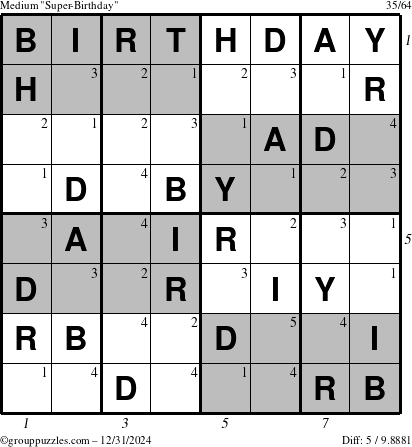 The grouppuzzles.com Medium Super-Birthday puzzle for Tuesday December 31, 2024 with all 5 steps marked