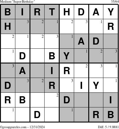 The grouppuzzles.com Medium Super-Birthday puzzle for Tuesday December 31, 2024 with the first 3 steps marked