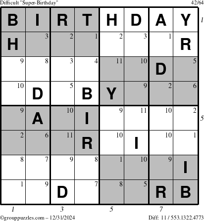 The grouppuzzles.com Difficult Super-Birthday puzzle for Tuesday December 31, 2024 with all 11 steps marked