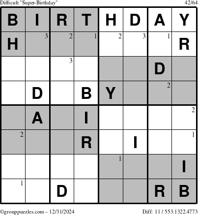 The grouppuzzles.com Difficult Super-Birthday puzzle for Tuesday December 31, 2024 with the first 3 steps marked