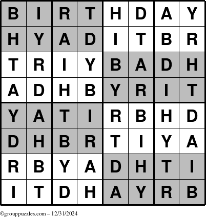 The grouppuzzles.com Answer grid for the Super-Birthday puzzle for Tuesday December 31, 2024