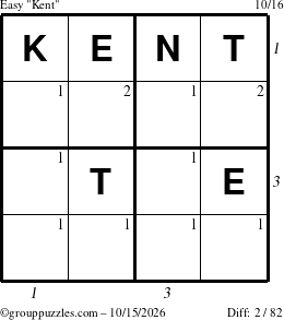 The grouppuzzles.com Easy Kent puzzle for Thursday October 15, 2026, suitable for printing, with all 2 steps marked