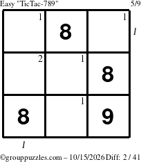 The grouppuzzles.com Easy TicTac-789 puzzle for Thursday October 15, 2026 with all 2 steps marked