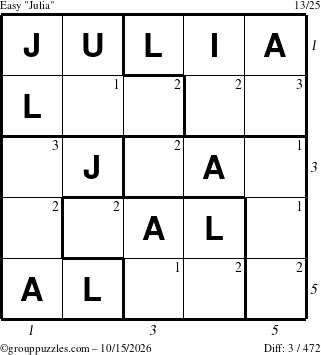 The grouppuzzles.com Easy Julia puzzle for Thursday October 15, 2026, suitable for printing, with all 3 steps marked