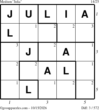 The grouppuzzles.com Medium Julia puzzle for Thursday October 15, 2026, suitable for printing, with all 3 steps marked