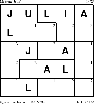 The grouppuzzles.com Medium Julia puzzle for Thursday October 15, 2026 with the first 3 steps marked