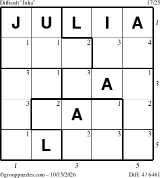 The grouppuzzles.com Difficult Julia puzzle for Thursday October 15, 2026, suitable for printing, with all 4 steps marked