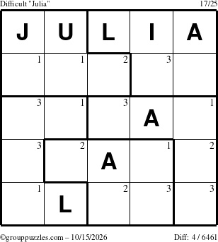 The grouppuzzles.com Difficult Julia puzzle for Thursday October 15, 2026 with the first 3 steps marked