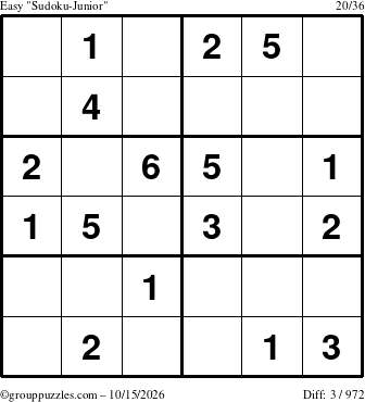 The grouppuzzles.com Easy Sudoku-Junior puzzle for Thursday October 15, 2026