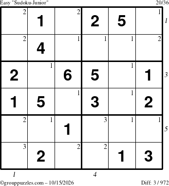 The grouppuzzles.com Easy Sudoku-Junior puzzle for Thursday October 15, 2026, suitable for printing, with all 3 steps marked