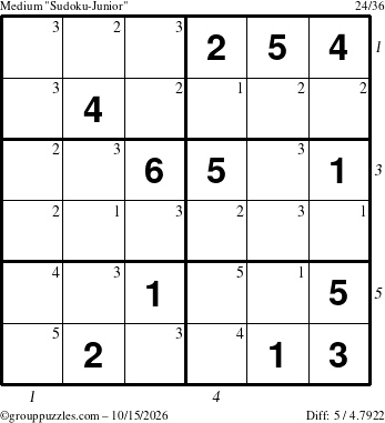 The grouppuzzles.com Medium Sudoku-Junior puzzle for Thursday October 15, 2026 with all 5 steps marked