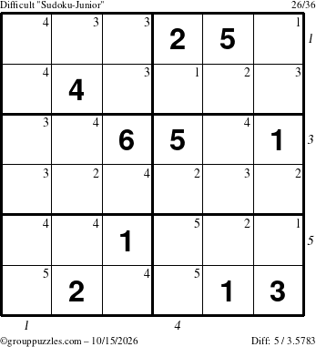 The grouppuzzles.com Difficult Sudoku-Junior puzzle for Thursday October 15, 2026, suitable for printing, with all 5 steps marked
