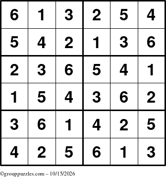 The grouppuzzles.com Answer grid for the Sudoku-Junior puzzle for Thursday October 15, 2026