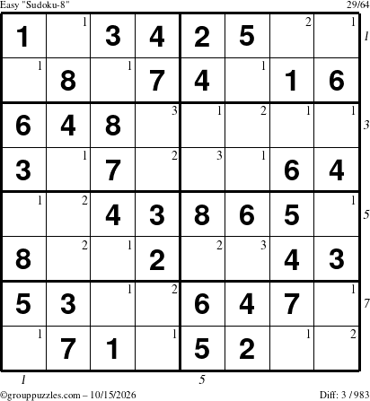 The grouppuzzles.com Easy Sudoku-8 puzzle for Thursday October 15, 2026 with all 3 steps marked