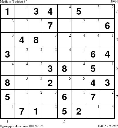 The grouppuzzles.com Medium Sudoku-8 puzzle for Thursday October 15, 2026 with all 5 steps marked