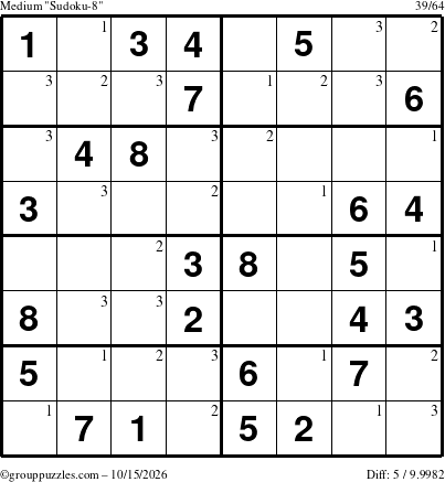 The grouppuzzles.com Medium Sudoku-8 puzzle for Thursday October 15, 2026 with the first 3 steps marked